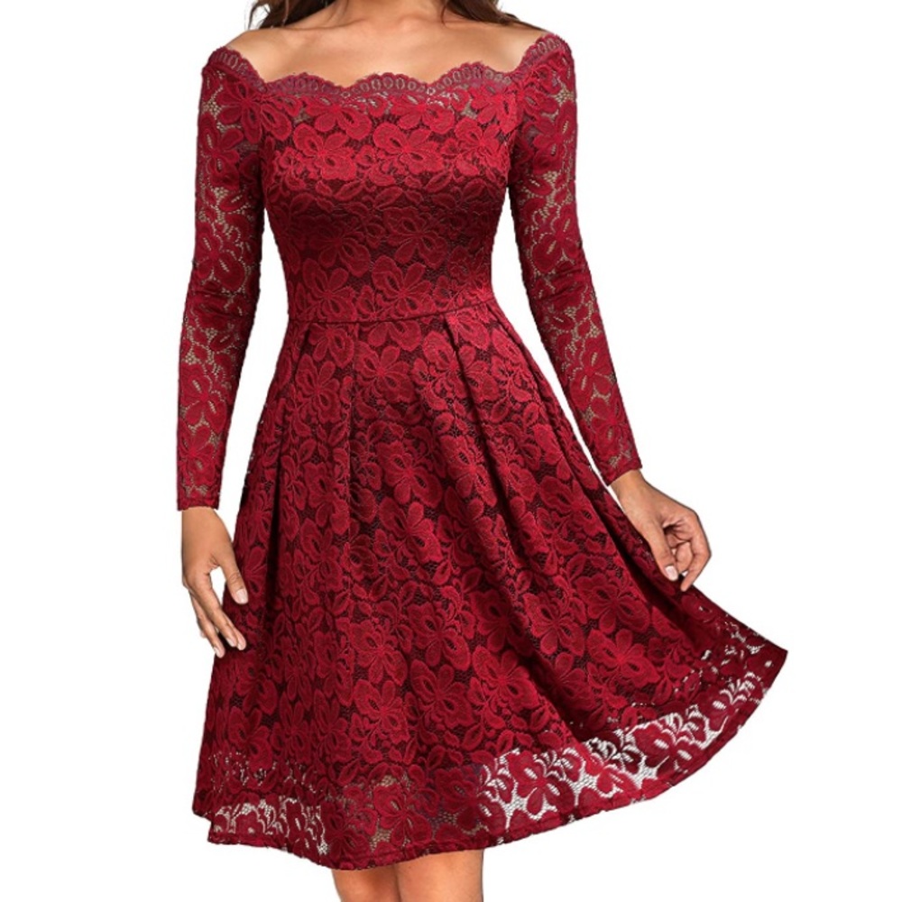 MISSMAY Women's Vintage Lace Long Sleeve Boat Neck Cocktail Swing Red Dress XS